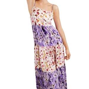 Desigual Estrella Maxi Dress Floral Square Neck Thin Straps Tiered Purple M